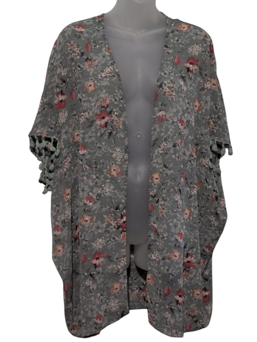 JODIFL Sage Green Swiss Dot Floral Open-Front Long Kimono Tassel Trim Festival